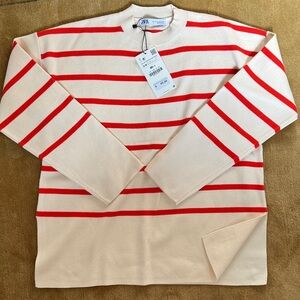 Zara Cream and Red Striped Knit Top